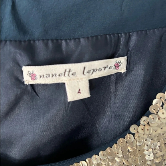 Nanette Lepore | silk | sequin | rosette | navy | gold | dress | size 4 - Picture 5 of 14